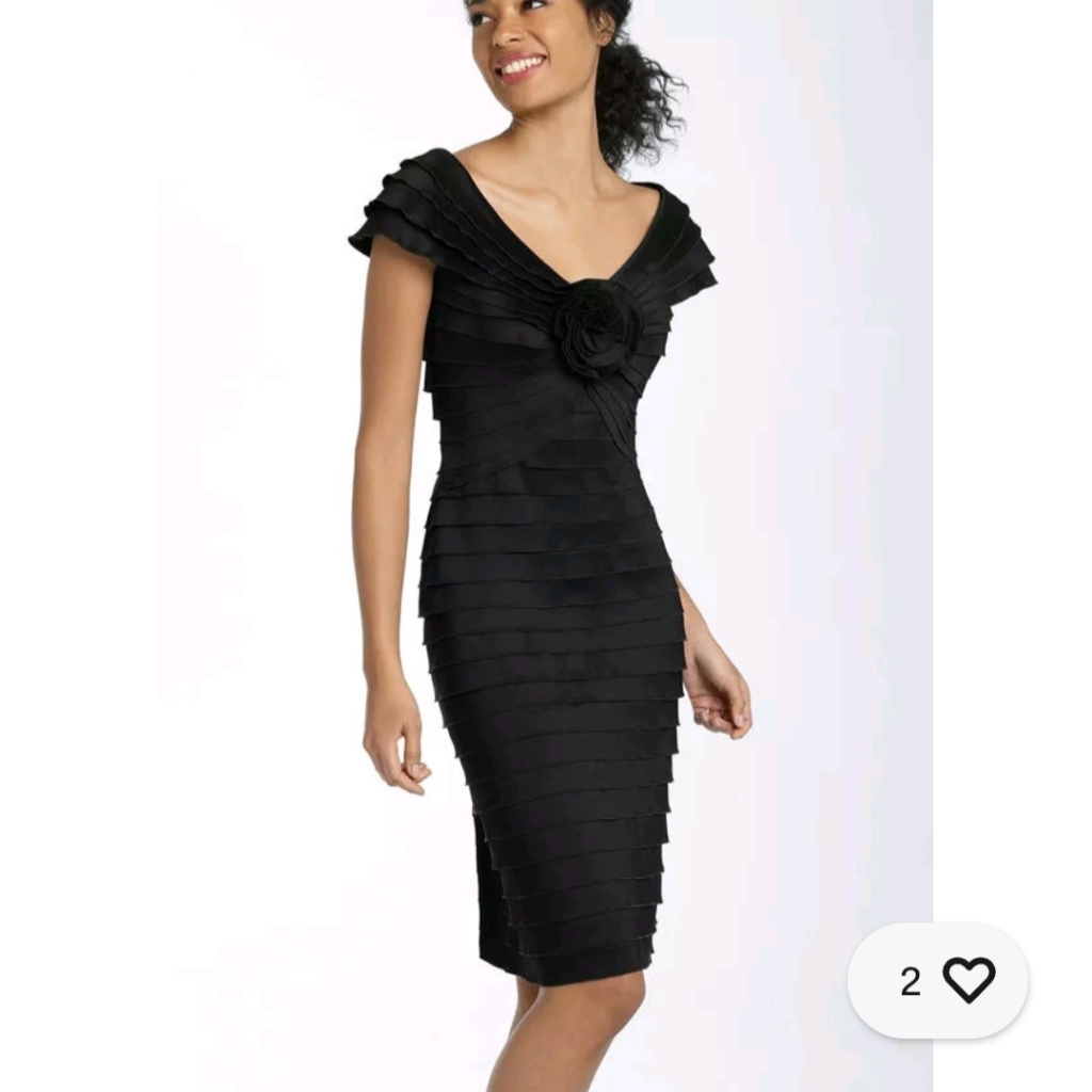 Tadashi Shoji Rosette Shutter Pleat Sheath Little Black Dress Cocktail Wedding 8